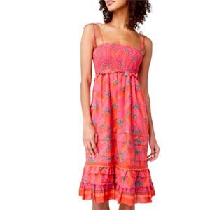 Farm Rio Red Pepper Smocked Tie Ruffle Hem Beaded Strap Dress Red Small